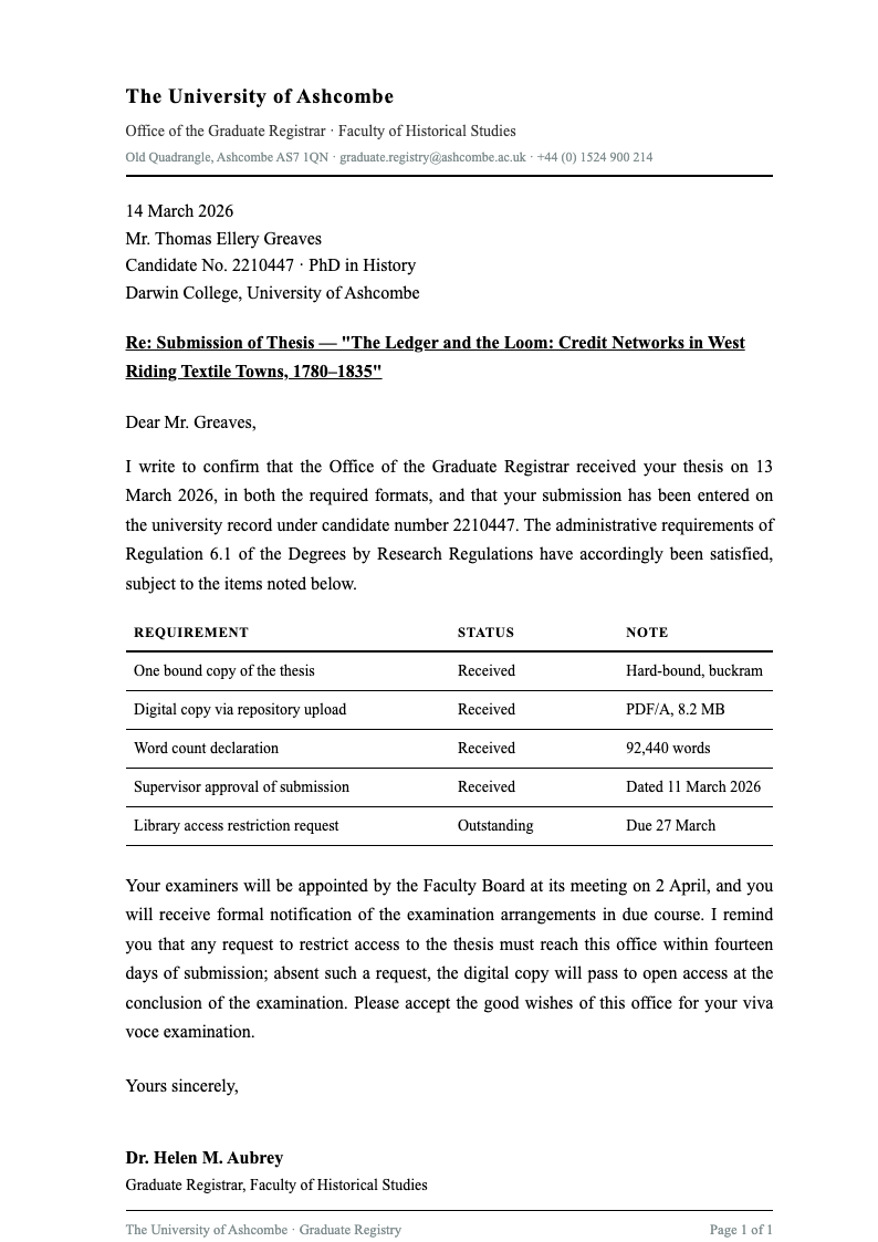Academic dissertation acknowledgement letter